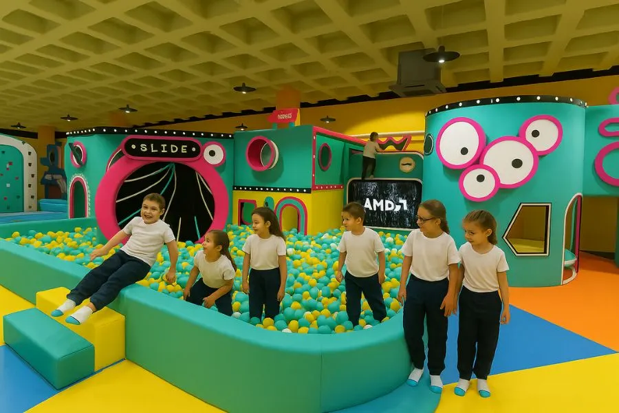 Crianças a explorar o castelo de bolas