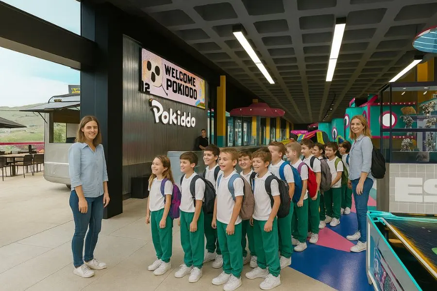 Um grupo escolar com os acompanhantes à entrada do parque
