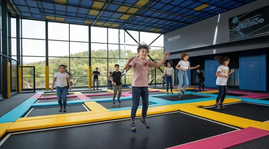 Famílias a brincar nos trampolins
