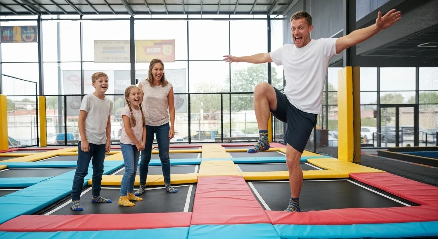 Adultos e crianças juntos na zona de trampolins